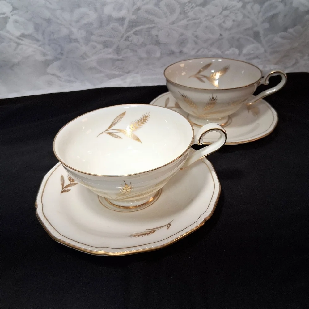 Vintage Teacups Royal Tettau Germany US Zone Wheat Sheaf 24k Trim China Pair